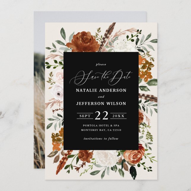 Black botanical rustic photo elegant wedding save the date (Front/Back)