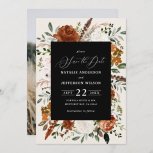 Black botanical rustic photo elegant wedding save the date