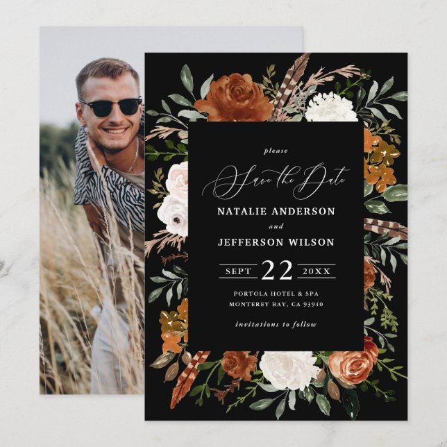 Black botanical rustic photo save the date (Front/Back)