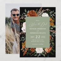 Black botanical rustic photo save the date