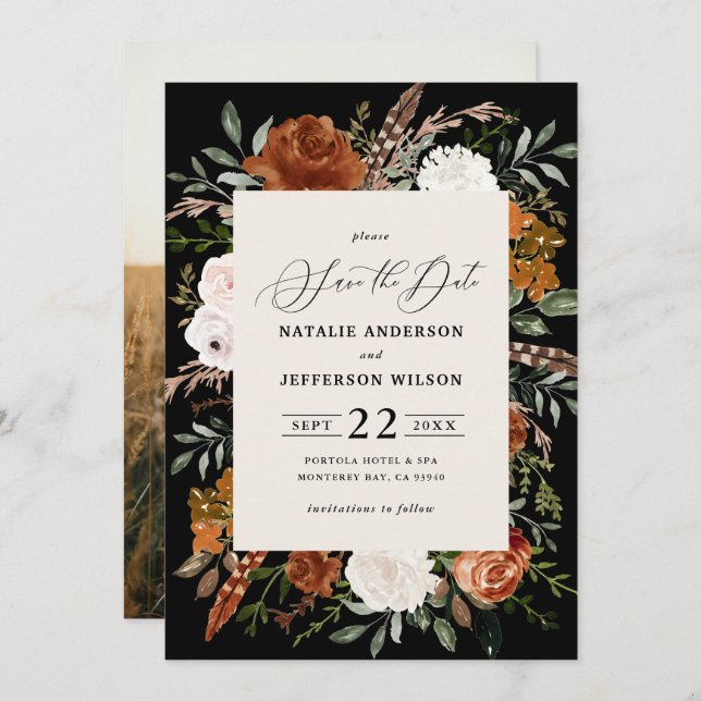 Black botanical rustic photo wedding save the date (Front/Back)