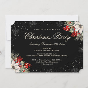 Black Botanical Snowflake Christmas Holiday Party Invitation