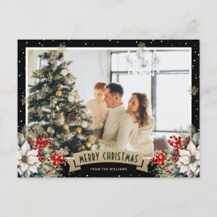 Black Botanical Snowflake Photo Christmas Holiday Postcard