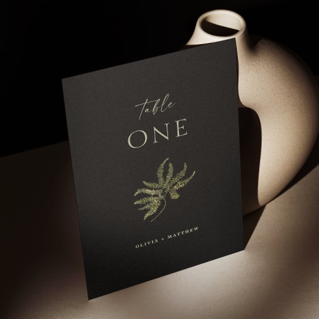 Black Botanical Wedding | Minimalist Fern Greenery Table Number (Creator Uploaded)