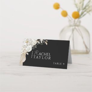 Black Botanical White Rose Pampas Wedding Place Card