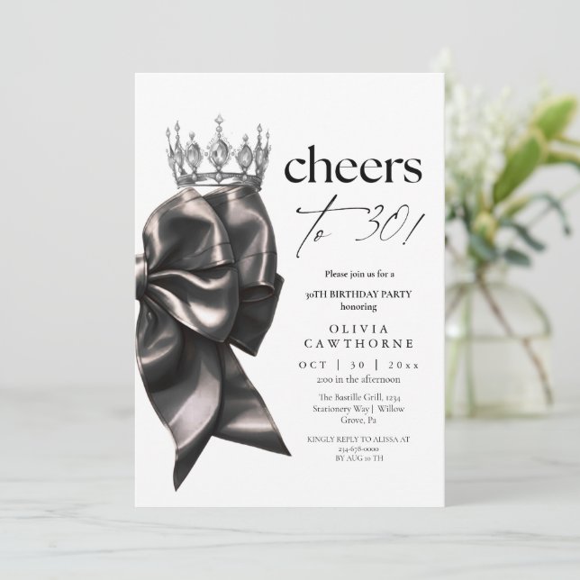  Black Bow 30th Birthday Party Invitation (Standing Front)