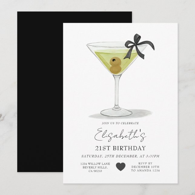 Black Bow A tiny bit older Olive Martini Birthday Invitation (Front/Back)