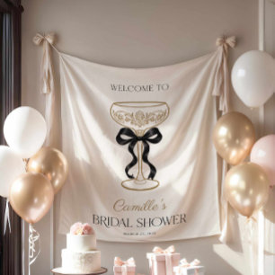 Black Bow and Champagne Bridal Shower Backdrop Tapestry