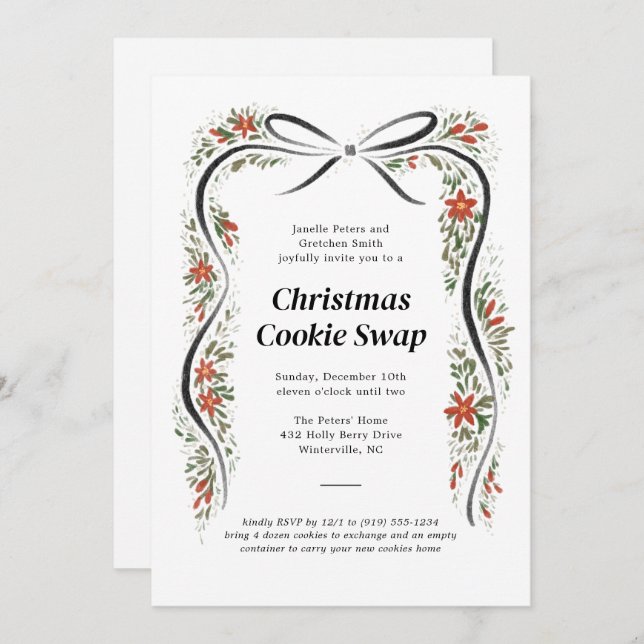 Black Bow and Poinsettias Christmas Holiday Invitation (Front/Back)