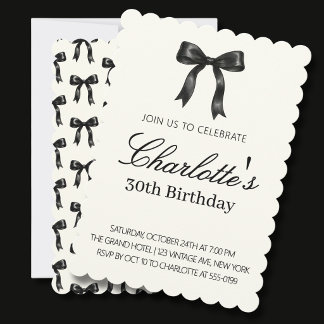 Black Bow Birthday Cream Vintage Scallop Invitation