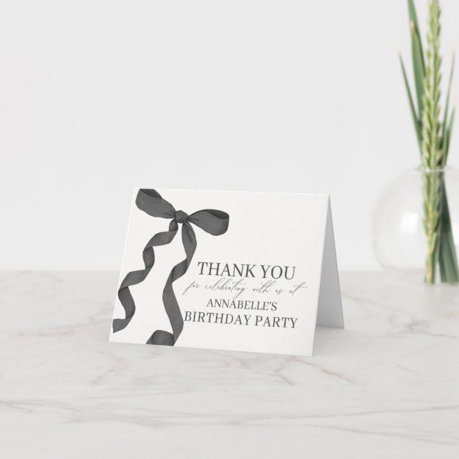 Black Bow Birthday Party Blank Thank You Card (Front)