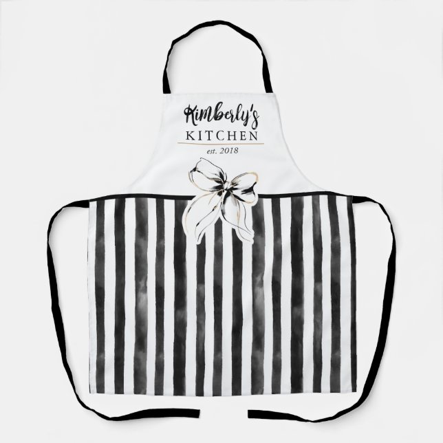 Black Bow Black and White Stripes Whimsical Name Apron (Front)