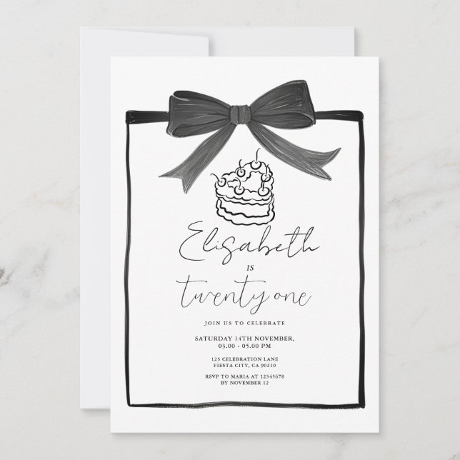 Black Bow Cake Ribbon 21st Birthday Invitation (Front)
