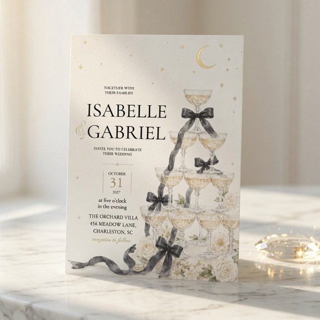 Black Bow Champagne Tower Elegant  Invitation (Creator Uploaded)
