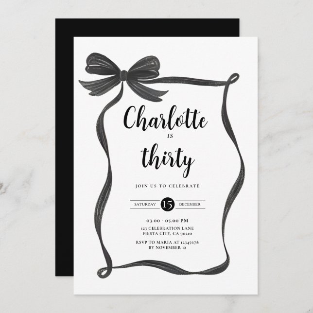 Black Bow Coquette Bow 30th Birthday Invite  (Front/Back)