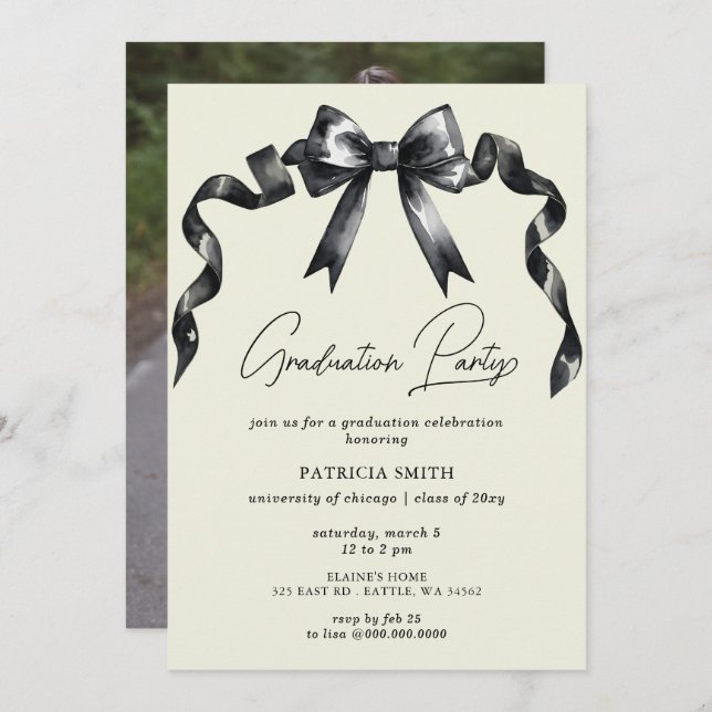 Black Bow Coquette Photo Graduation Party Invitation (Front/Back)