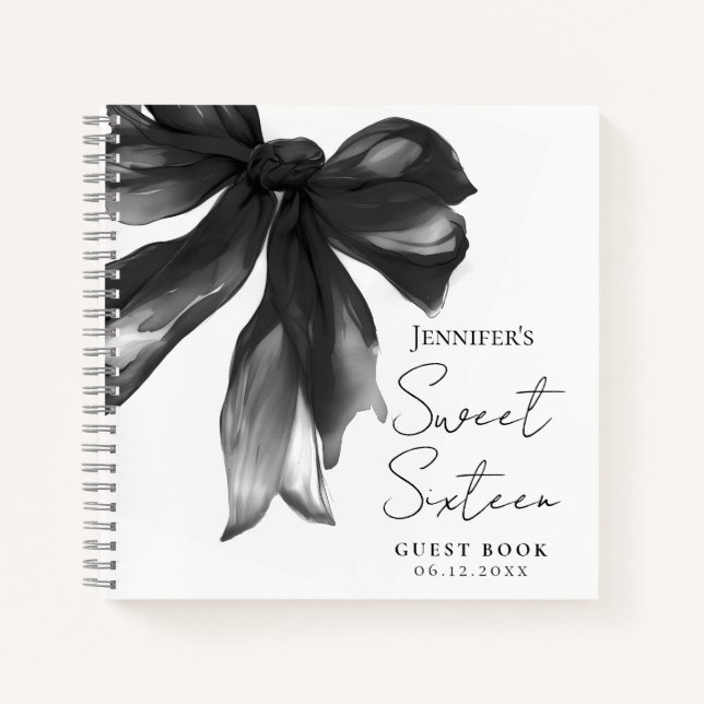 Black Bow Coquette Script Sweet 16 Guest Book (Front)