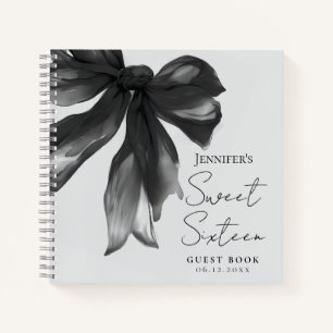 Black Bow Coquette Script Sweet 16 Guest Book Grey