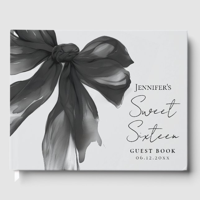Black Bow Coquette Script Sweet 16 Party Grey  Guest Book (Front)