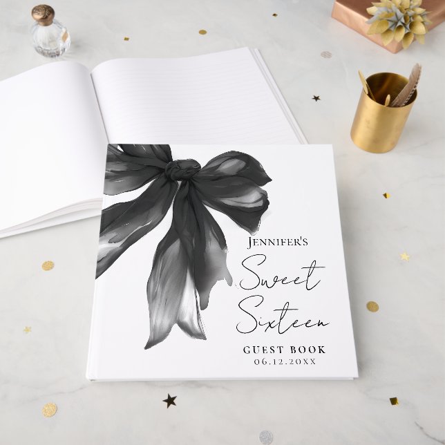 Black Bow Coquette Script Sweet 16 Party Guest Book (Front Open)