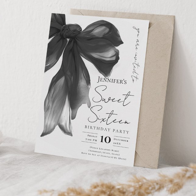 Black Bow Coquette Script Sweet 16 Party Invitation (Creator Uploaded)