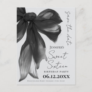 Black Bow Coquette Sweet 16 Save the Date Grey Postcard