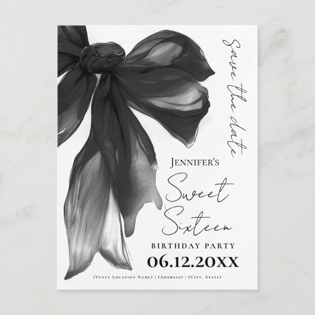 Black Bow Coquette Sweet 16 Save the Date Postcard (Front)