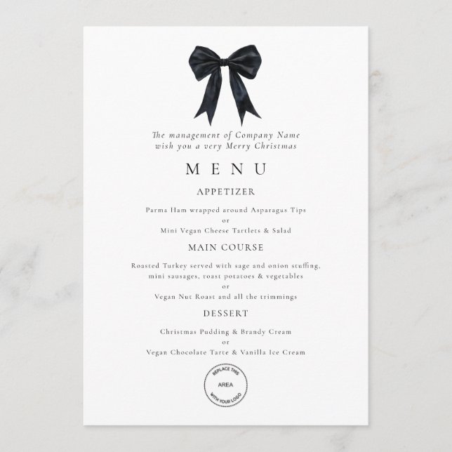 Black Bow Corporate Logo Christmas Party Menu Card (Front)