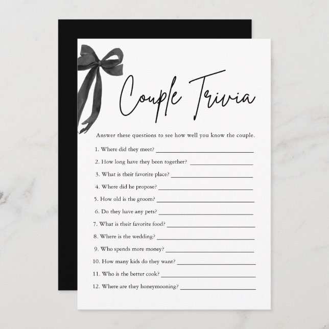 Black Bow Couple Trivia Bridal Shower Game  Invitation (Front/Back)