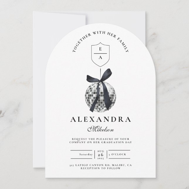 Black Bow Disco Ball Graduation Party  Invitation (Front)