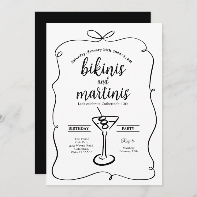 Black Bow Elegant Bikinis and Martinis Birthday Invitation (Front/Back)
