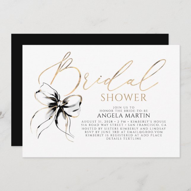 Black Bow Elegant Romantic Modern Bridal Shower Invitation (Front/Back)