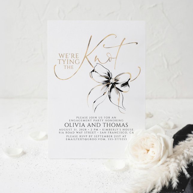 Black Bow Elegant Whimsical Engagement Party Invitation (We Are Tying The Knot Black Bow Whimsical Modern Engagement Party Invites)