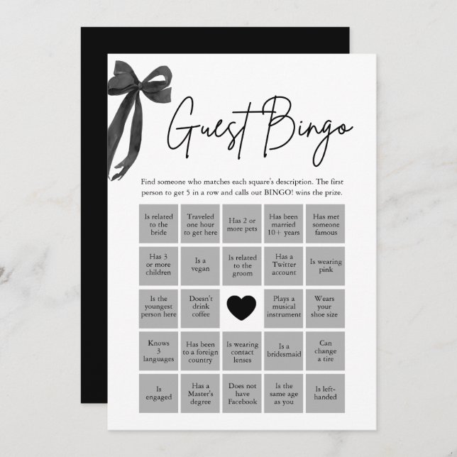 Black Bow Find the Guest Bingo Bridal Shower Game Invitation (Front/Back)