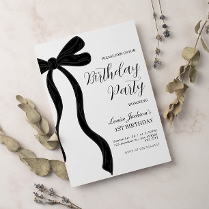 Black Bow First Birthday Party Invitation