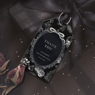 Black Bow Floral Skull RIP 20s 30th Birthday Party Gift Tags