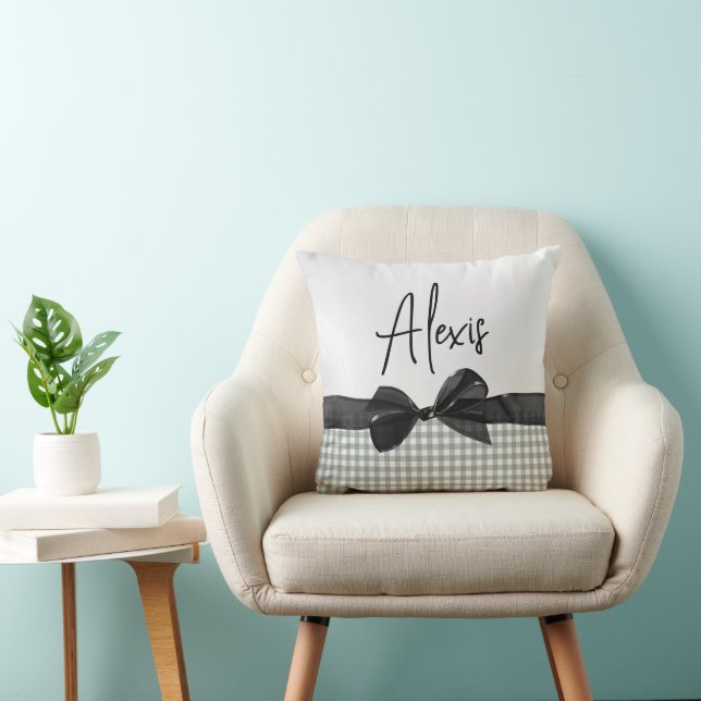 Black Bow & Gingham with Name Cushion (Chair)