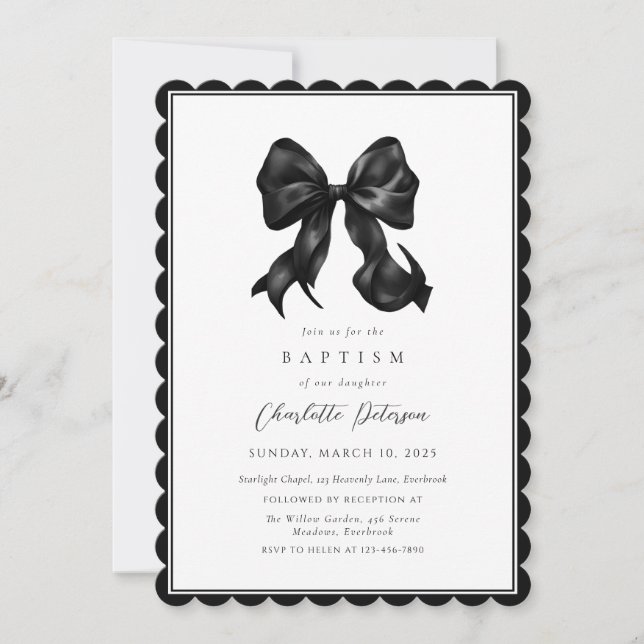 Black Bow Girl Baptism Invitation (Front)
