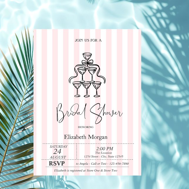 Black Bow Glasses Pink Stripes Bridal Shower  Invitation (Creator Uploaded)