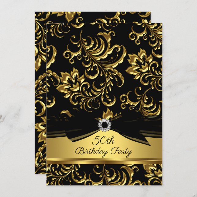 Black bow Gold Damask 50th birthday party Invitation (Front/Back)