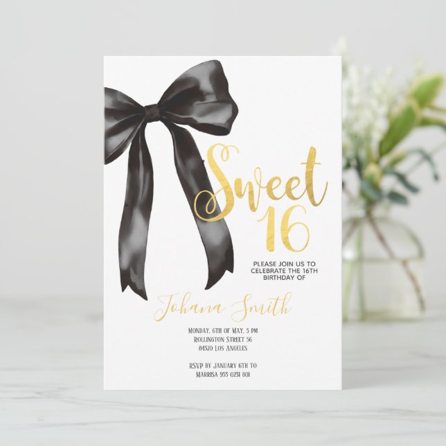 Black Bow Gold Sweet Sixteen Girl Birthday Party Invitation (Standing Front)
