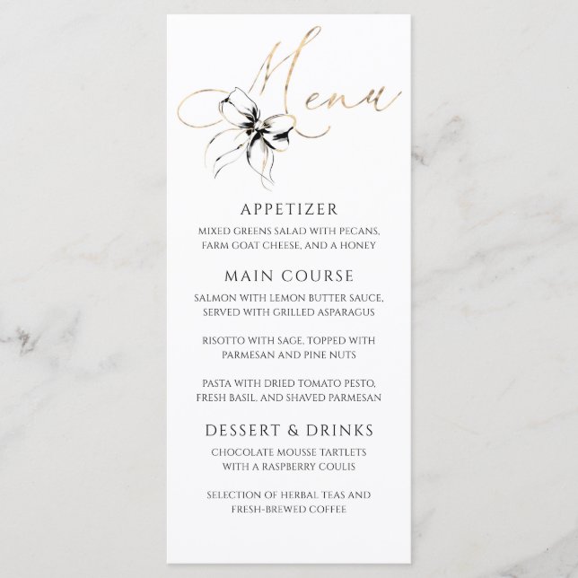 Black Bow Gold Typography Elegant Party Menu (Front)