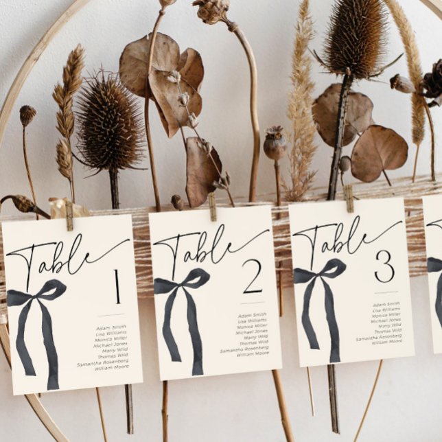 Black Bow Gothic Tying the Knot Table Name Cards (Black bow seating chart cards with table numbers and names)