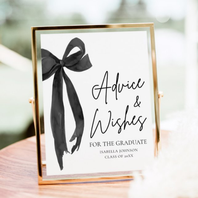 Black Bow Grad Party Graduate Advice and Wishes Poster (Modern Coquette Black Bow Graduation Party Graduate High School Advice and Wishes Sign)