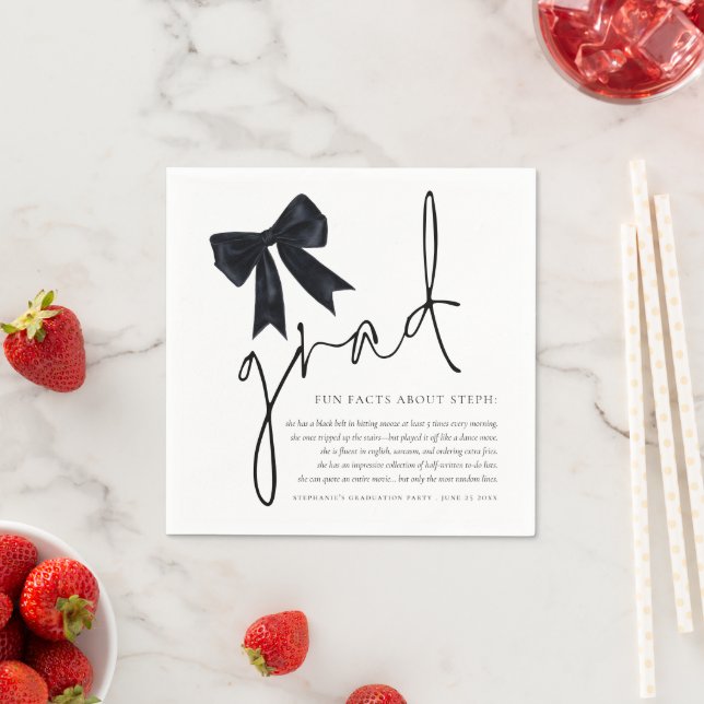 Black Bow Grad Script Fun Facts Graduation Party Napkin (Insitu)