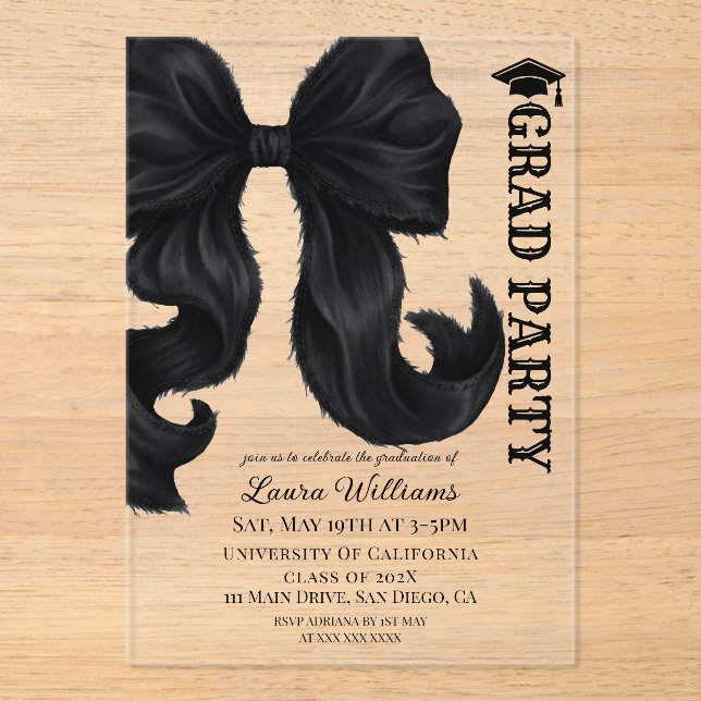 Black Bow Graduation Acrylic Invitations (Front)