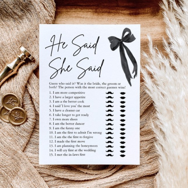 Black Bow He Said She Said Bridal Shower Game Invitation (Creator Uploaded)
