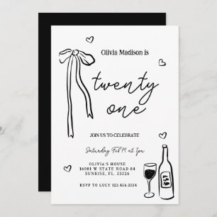 Black Bow Minimalist 21st Birthday Party Invitation