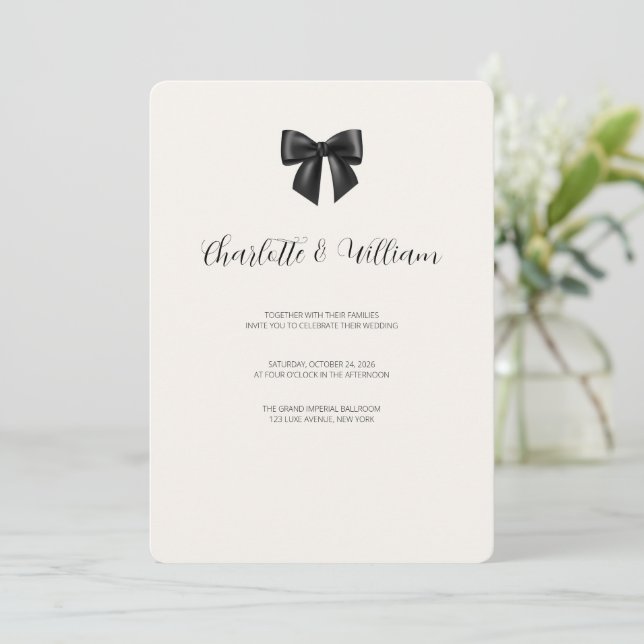 Black Bow Minimalist Wedding Invitation (Standing Front)