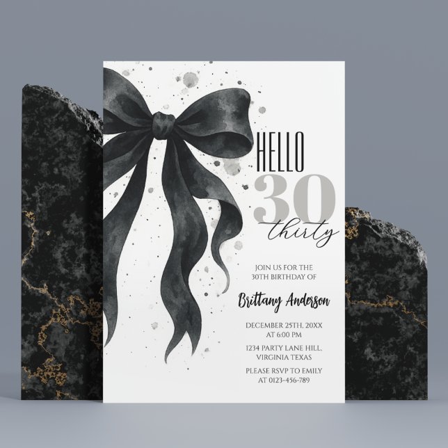 Black Bow Modern 30th Birthday Invitation (Creator Uploaded)